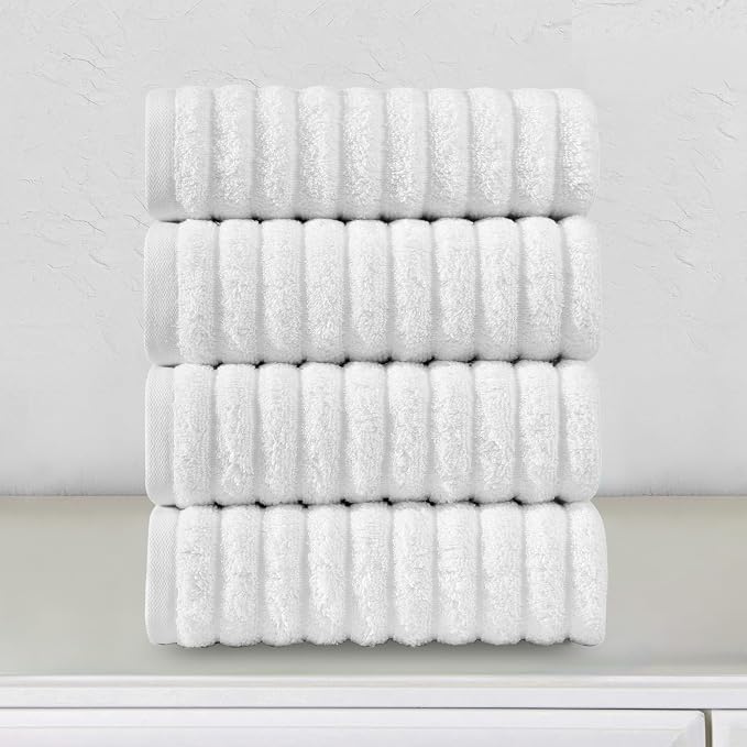 Elegant Comfort Luxury 100% Turkish Cotton Corduroy Ribbed 4 Pack Hand Towel Set 16 x 28 Inch - Absorbent, Super Soft, Quick Dry, Premium Towels for Bathroom, Gym, Spa and Hotel Use, White