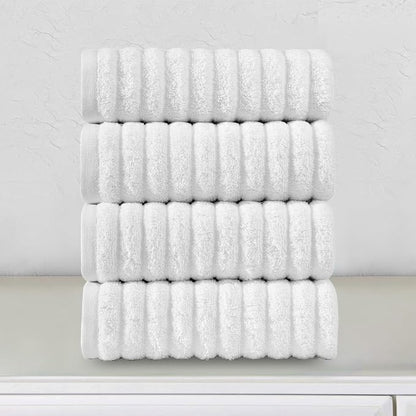 Elegant Comfort Luxury 100% Turkish Cotton Corduroy Ribbed 4 Pack Hand Towel Set 16 x 28 Inch - Absorbent, Super Soft, Quick Dry, Premium Towels for Bathroom, Gym, Spa and Hotel Use, White