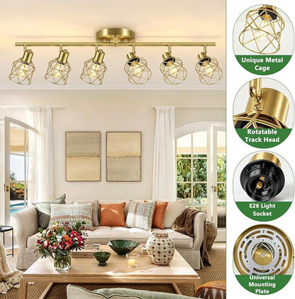 Baocuz 6-Lights Gold Semi Flush Mount Ceiling Light, Adjustable Multi-Directional Light Fixtures, Rotatable Farmhouse Light Fixtures with Metal Cage for Dining Room, Living Room, Kitchen