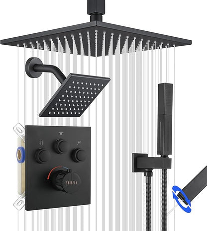 Thermostatic Shower System Matte Black, Push Button Diverter Shower Faucet with 2 in 1 Handheld, Ceiling Mount 12 Inch Shower Head with 6 Inch Wall Mount Shower Head