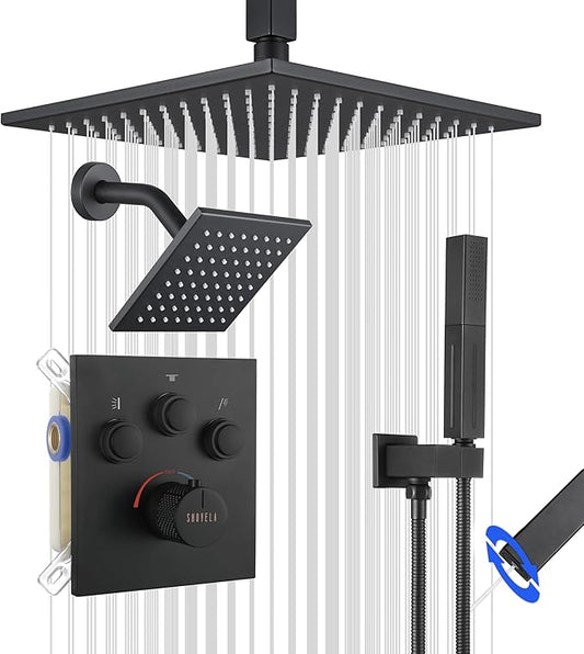 Thermostatic Shower System Matte Black, Push Button Diverter Shower Faucet with 2 in 1 Handheld, Ceiling Mount 12 Inch Shower Head with 6 Inch Wall Mount Shower Head