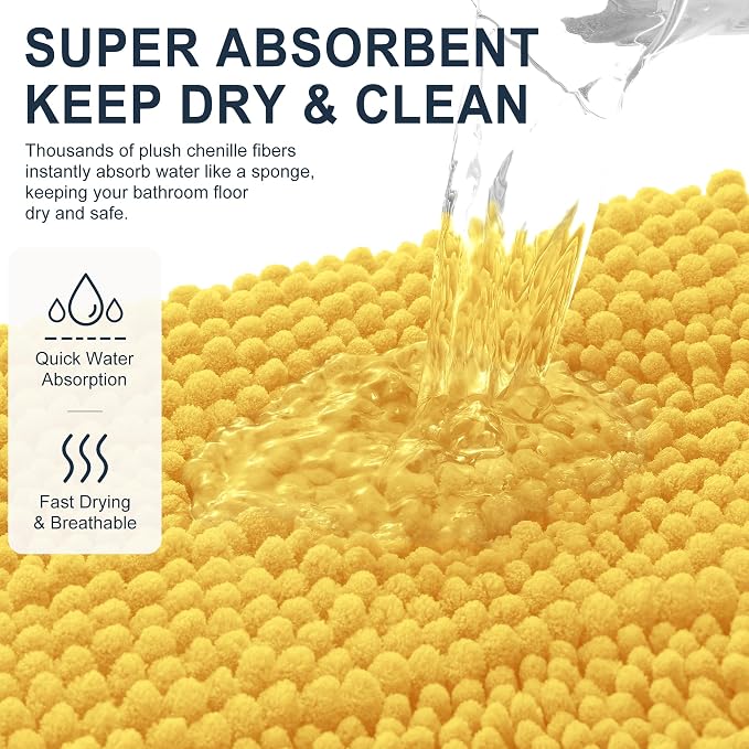 Smiry Thick Chenille Bathroom Runner Rugs 70x24, Absorbent Bath Mat, Yellow | Quick‑Dry & Machine Washable, Non‑Slip Bath Carpet, Soft Striped Bath Rugs for Tub & Shower, Modern Home Decor Accessories