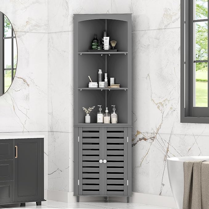 VECELO Bathroom Corner Cabinet, Triangle Open Shelving Shelf, Tall Freestanding Storage Hutch for Kitchen, Living Dining Room with Adjustable Storage Shelves and Doors, Grey