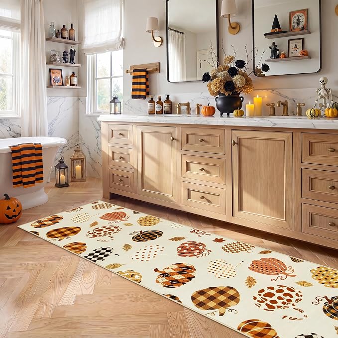 2.5x8 Beige Halloween Fall Pumpkin Hallway Runner Rug for Kitchen Entryway | Washable Non-Slip Low-Pile Autumn Thanksgiving Rug for Hallway, Front Door, Bedroom, Bathroom, Halloween Home Decor Rug