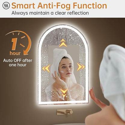 24"x36" Arched LED Lighted Bathroom Mirror with Lights | Fogless, Dimmable, Shatterproof, Touch Sensor, 3 Color Changing