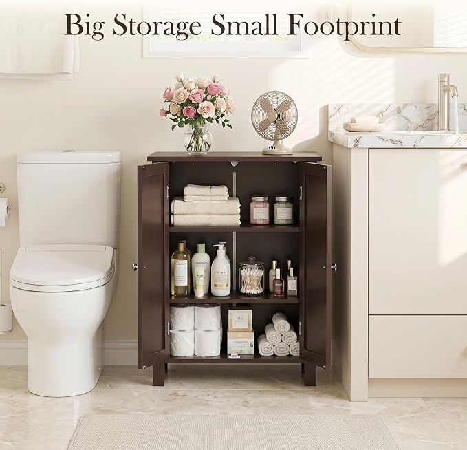 SUPER DEAL Modern Bathroom Floor Storage Cabinet with Adjustable Shelf and Double Door Rust Proof, Living Room Modern Home Furniture Storage Organizer Cabinet, Brown