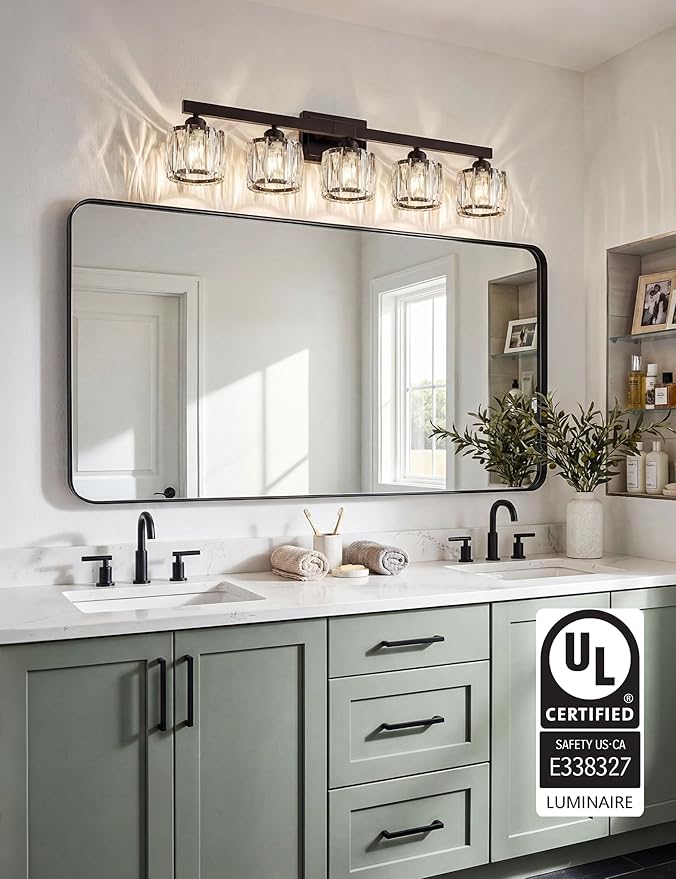 VOLISUN Crystal Vanity Lights for Bathroom, 5 Light Bathroom Vanity Light, Modern Matte Black Bathrooms Light Over Mirror, Black Bathrooms Lights Fixtures-UL Certificated(Exclude Bulb)