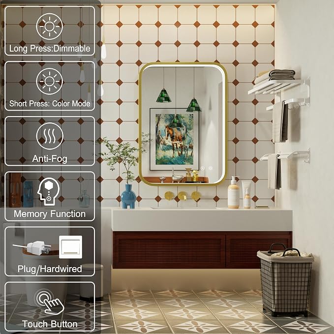 20x28 Inch Gold LED Bathroom Mirror with Lights,3000K/4500K/6000K | Stepless Dimmable, Memory Funtion,Anti-Fog, Aluminum Frame Wall Mount Lighted Bathroom Vanity Mirror, ETL Listed, Waterproof