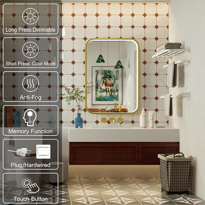 20x28 Inch Gold LED Bathroom Mirror with Lights,3000K/4500K/6000K | Stepless Dimmable, Memory Funtion,Anti-Fog, Aluminum Frame Wall Mount Lighted Bathroom Vanity Mirror, ETL Listed, Waterproof