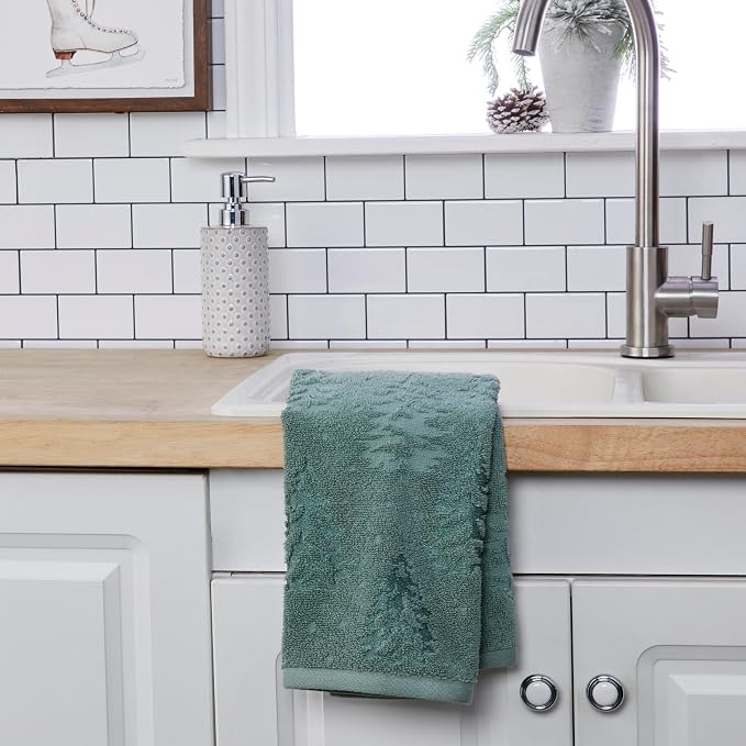 SKL Home Fall/Winter/Christmas Wispy Trees Hand Towel Set-2pc, Sage | 100% Cotton. 550 GSM. Soft & absorbent jacquard. Great for the bathroom, kitchen or bar, lodge/cabin décor & gifting.