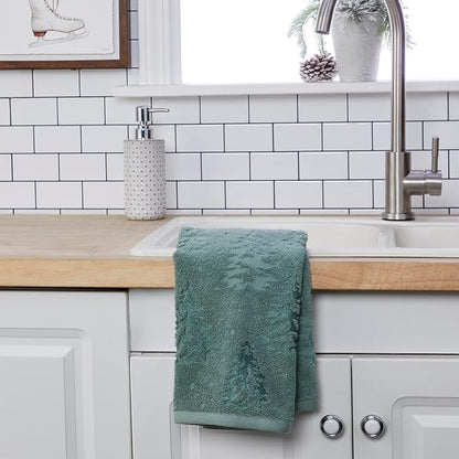 SKL Home Fall/Winter/Christmas Wispy Trees Hand Towel Set-2pc, Sage | 100% Cotton. 550 GSM. Soft & absorbent jacquard. Great for the bathroom, kitchen or bar, lodge/cabin décor & gifting.