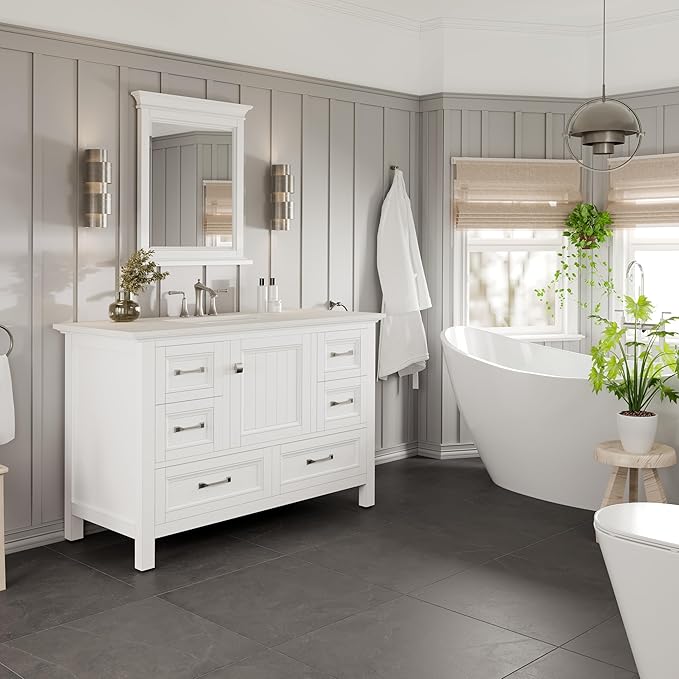 Eviva Britney 42 Inch Vanity with Top - White 42 Bathroom Vanity with Sink and Countertop White Carrara Quartz & Porcelain Sink Combo for Bathroom Sink Cabinet