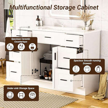 Large 48 Inch Bathroom Vanity with Ceramic Sink and 6 Soft-Close Drawers, Spacious White Cabinet with Thickened Construction