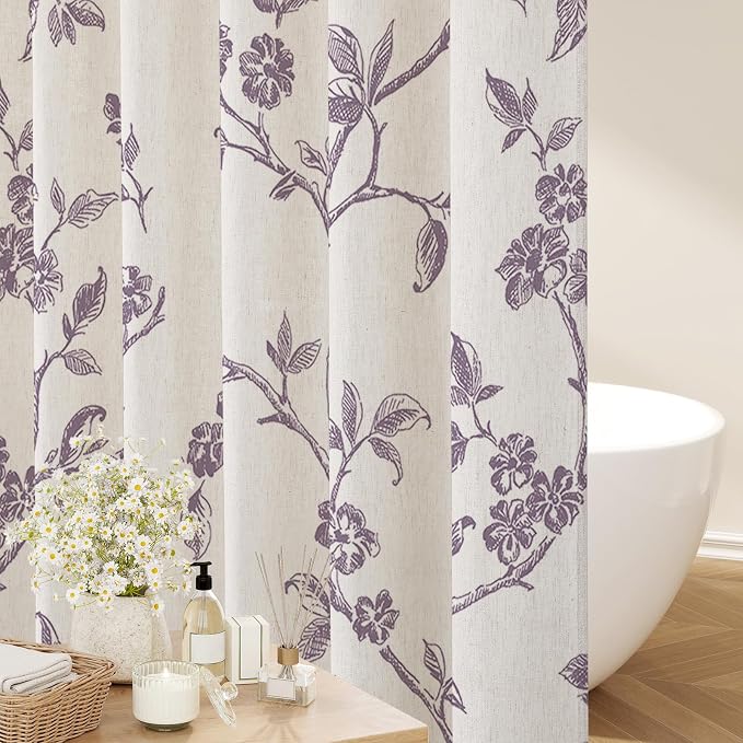MitoVilla Lavender Linen Floral Shower Curtain for Bathroom, 72 x 72 | Lavender BoHo Cottagecore Spring Shower Curtains, Modern Farmhouse Country Plant Leaves Bathroom Décor, 72 x 72