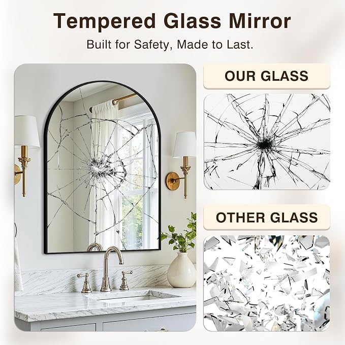 Arched Bathroom Vanity Mirror for Over Sink, 30”x20”, Black | HD Tempered Glass, Anti-Rust Metal Frame, Hanging or Leaning, Wall Mirrors for Bathroom Sink, Bedroom, Living Room, Entryway