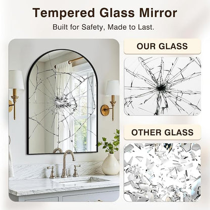Arched Bathroom Vanity Mirror for Over Sink, 30”x20”, Black | HD Tempered Glass, Anti-Rust Metal Frame, Hanging or Leaning, Wall Mirrors for Bathroom Sink, Bedroom, Living Room, Entryway