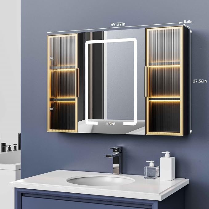 Upgrade Medicine Cabinets for Bathroom with Mirror and Storage Cabinets, 39.37”W x 27.56”H Surface Wall Mounted LED Medicine Cabinet with Lights, Defogger, Dimmer, Memory Fuction