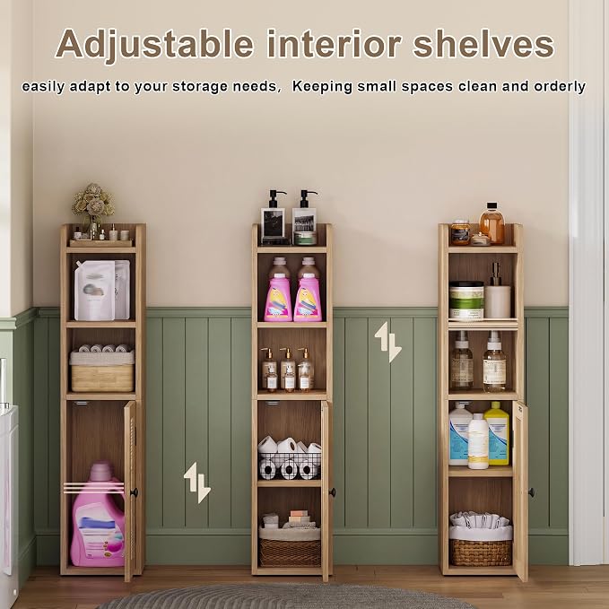 ChooChoo Small Bathroom Storage Cabinet with Adjustable Shelf | 7.1“W * 7.9”D, Corner Floor Cabinet, Narrow Toilet Paper Cabinets, Slim Bathroom Organizers, Small Spaces, Bathroom, Natural
