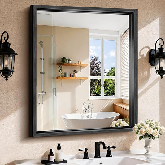 CIRCUMI 30"x36" Black Mirror with Chunky Box Metal Frame, Brushed Finish Rectangular Bathroom Mirrors for Over Sink, Living Room, Entryway, Tempered Glass Mirror for Wall, Vertical or Horizontal