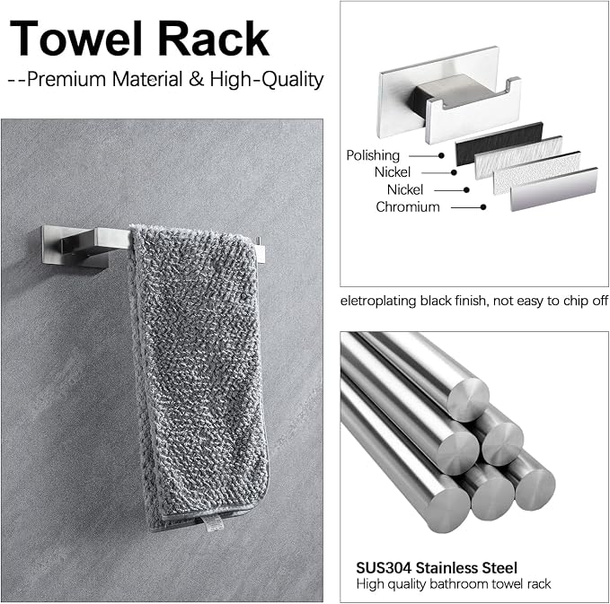 4-Pieces Bathroom Hardware Accessories Set, Towel Rack Towel Bar Toilet Paper Holder Towel Hook Self Adhesive Stainless Steel Towel Rack Set for Bathroom Wall Mounted, Brushed Nickel, 23 Inch