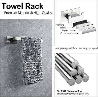 4-Pieces Bathroom Hardware Accessories Set, Towel Rack Towel Bar Toilet Paper Holder Towel Hook Self Adhesive Stainless Steel Towel Rack Set for Bathroom Wall Mounted, Brushed Nickel, 23 Inch