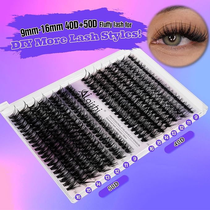 Lash Clusters, DIY Cluster Eyelash Extensions 9‑16mm, 40D+50D, 280pcs Fluffy D Curl Natural Lashes–Fake Cat Eye Wispy Individual Clusters