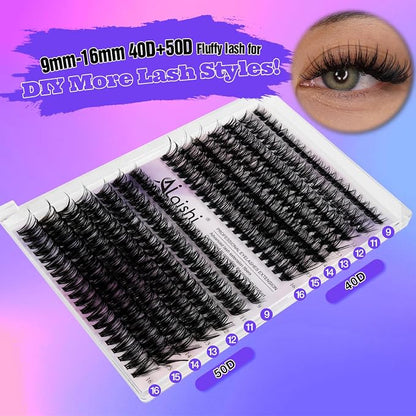 Lash Clusters, DIY Cluster Eyelash Extensions 9‑16mm, 40D+50D, 280pcs Fluffy D Curl Natural Lashes–Fake Cat Eye Wispy Individual Clusters
