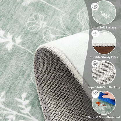GarveeHome Washable 5x7 Rugs for Living Room Floral Scalloped Bedroom Area Rug, Non-Slip Dining Table Solid Neutral Throw Mat, Botanical Area Rug Carpet for Entry Basement Dorm Farmhouse, Green
