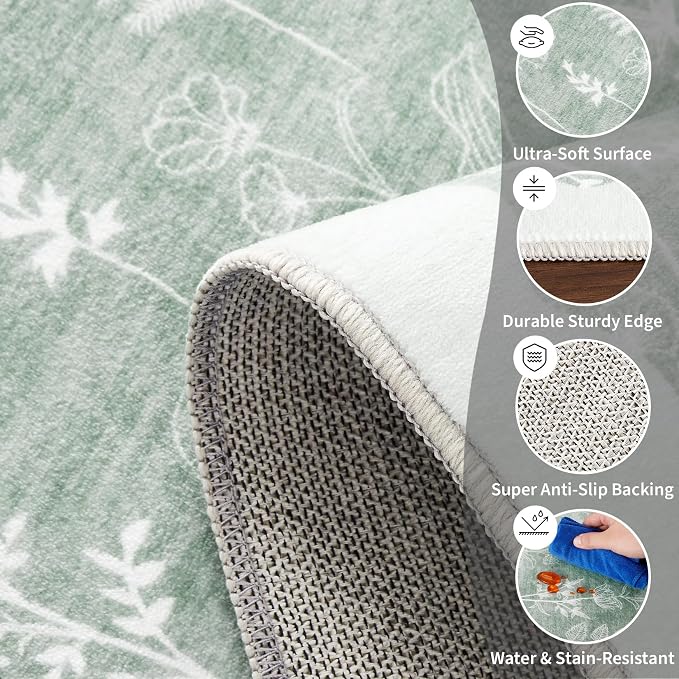 GarveeHome Washable 2x6 Runner Rugs for Bathroom Floral Kitchen Rug Neutral Scalloped Carpet, Non-Slip Hallway Rug Stain Resistant Modern Low-Pile Carpet for ‎Laundry Bedside Entryway(2x6 ft,Green)