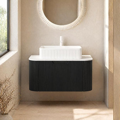 30 Inch Bathroom Vanity with Sink, Floating Wall Mounted Single Sink Vanity, Black Curved Fluted Front, Stone Top, White Textured Rectangular Vessel Basin, Pre-Assembled