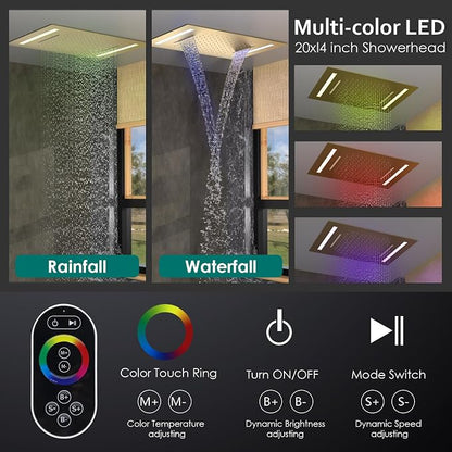LED Spa Shower System Rainfall Waterfall with Handheld, Brushed Gold | 20x14-Inch Luxury 2 Modes Showerhead with Ligh t Remote Control, 3 Way Mixer Valve