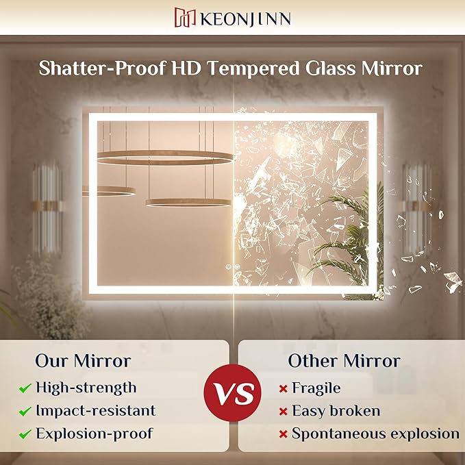 Keonjinn 48" x 36" Lighted Mirror for Bathroom Wall, LED Mirror with Frontlit & Backlit, Bathroom Mirror with Lights, Dimmable 3-Color Lights, HD Tempered Glass, UL-Listed LED Driver