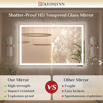 Keonjinn LED Bathroom Mirror with Lights 36" x 36", Frontlit & Backlit LED Mirror for Bathroom Wall with Dimmable 3-Color Lights, Anti-Fog Mirror with HD Tempered Glass, UL-Listed LED Driver