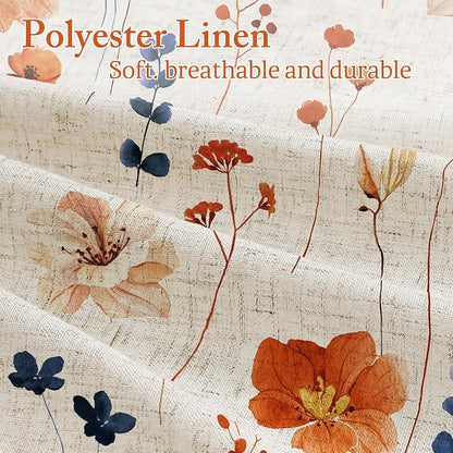 Orange Navy Linen Watercolor Floral Fabric Shower Curtain, 72x72 | Linen Fabric, Modern Minimalist Floral Print, Machine Washable, Rustproof Grommets, for Bathroom Home