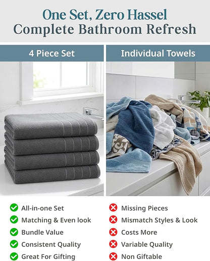 Casa Platino 100% Cotton Bath Towels Set of 4 (30"x60") - Ring Spun Mercerized Cotton Bathroom Towel Sets - Quick Dry, Soft & Absorbent Grey Towels Set - Pre Shrunk, Fade Resistant - Ultimate Grey