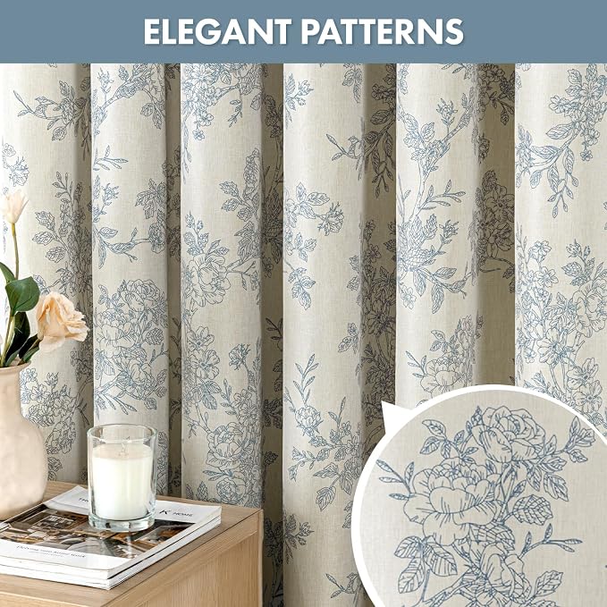 Extra Long Linen Blue Floral Shower Curtain W72*L84 Inches | Linen Textured Fabric, 12 Rustproof Metal Hooks, Wrinkle Resistant Cloth, Machine Washable, Bathroom Decor for Cottage Core