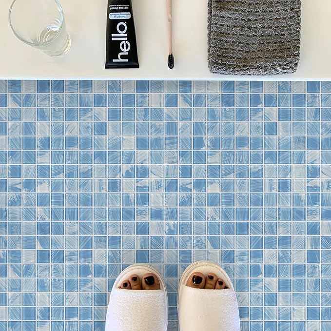 8PC Glass Mosaic Pool Tile, Blue Waterproof Floor & Wall Tiles for Bathroom | Heat & frost resistant for Kitchen Backsplash & outdoors. Mesh-mounted easy install. Easy clean. 8 Sq.ft Blue Crystal