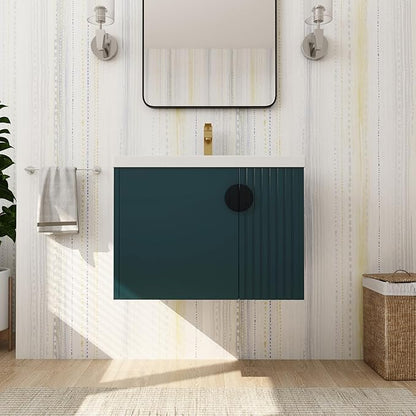 SSLine 28" Wall-Mount Bathroom Vanity Modern Floating Bathroom Vanity Set with Ceramic Sink Basin & Storage Cabinet 28-Inch Luxury Green Small Bathroom Vanities with Round Metal Handles