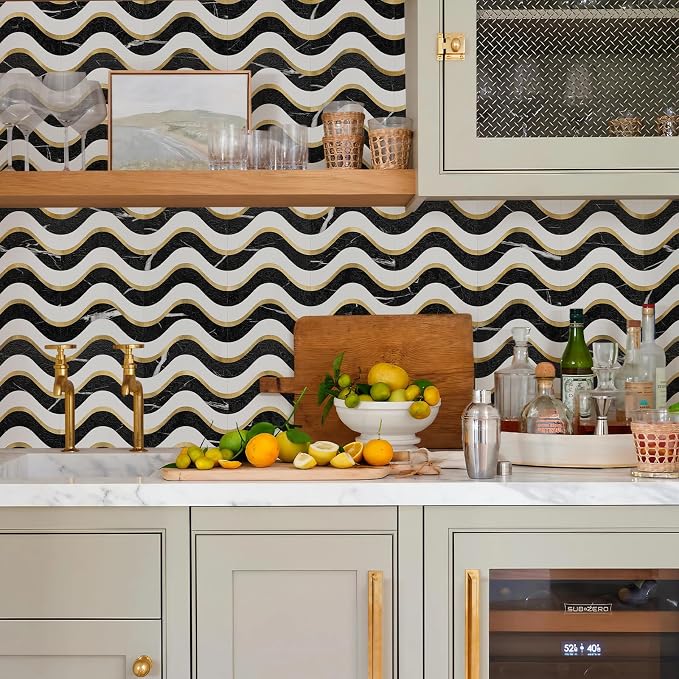Vamos Tile Peel and Stick Backsplash Seamless Tile,Black+White+Gold,10 pcs | Stick on Backsplash for Kitchen and Bathroom, PVC Mix Metal Gold Self Adhesive Wall Tiles,11.8''x10.15''