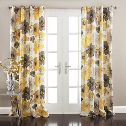 Lush Decor Leah Light Filtering Window Curtain Panels, Pair, 52" W x 95" L, Yellow & Gray - Floral Curtains - Colorful Spring Watercolor Flowers - Long Curtains for Bedroom, Living Room & Dining Room