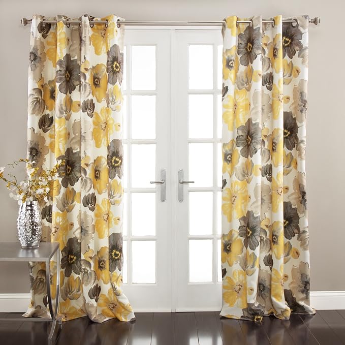 Lush Decor Leah Light Filtering Window Curtain Panels, Pair, 52" W x 120" L, Yellow & Gray - Floral Drapes for Bedroom - Yellow Curtains -Farmhouse Decor