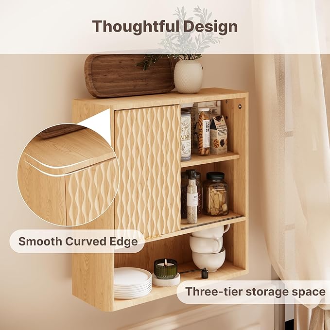 Bathroom Wall Cabinet, Modern Medicine Cabinet with Sliding Door, Storage Cabinet Wall Mounted for Kitchen Dining Room Living Room, Natural Oak