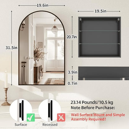FKWin Medicine Cabinet Mirror, Surface Mount for Small Bathroom, 20x32 Inch | Mirror Medicine Cabinet, Large Storage, Adjustable Shelves, Reversible Door, Space-Saving Design for Small Bathroom, Black