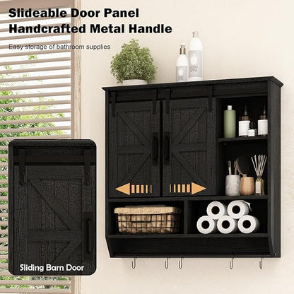 RUSTOWN Farmhouse Bathroom Wall Cabinet,3-Tier Rustic Wood Wall Mounted Cabinets,Vintage Medicine Cabinet with Sliding Barn Door and Adjustable Shelves,Over The Toilet Storage Cabinet (Black)