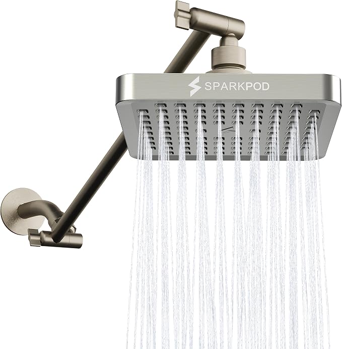 SparkPod 6" Square Rain Shower Head with 16" Shower Arm | Shower Head & Extension Arm Combo, Height Adjustable, High Pressure Performance, Easy 1-Minute Installation, Brushed Nickel