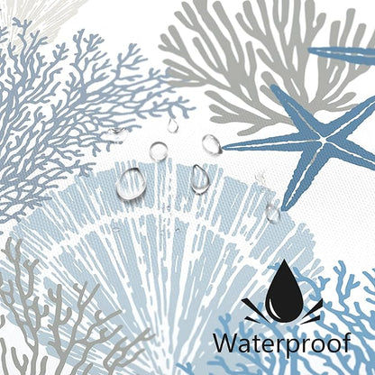 Nautical Coastal Shower Curtain, Beach Ocean Theme Shower Curtain for Bathroom Decor, Summer Tropical Seashell Starfish Coral Fabric Shower Curtain Set with Hooks, Blue, 72x72