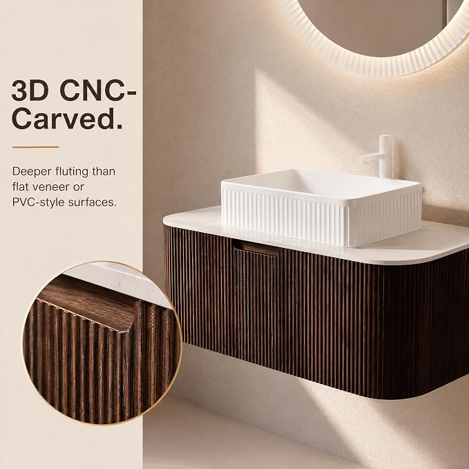 30 Inch Bathroom Vanity with Sink, Floating Wall Mounted Single Sink Vanity, Dark Walnut Curved Fluted Front, Stone Top, White Textured Rectangular Vessel Basin, Pre-Assembled