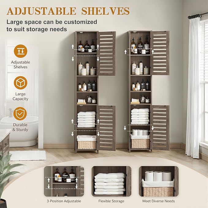 VECELO Tall Bathroom Cabinet with 2 Doors, 67" H Narrow Storage Unit with Adjustable Shelves for Small Spaces, Living Room, Entryway Corners, Greige