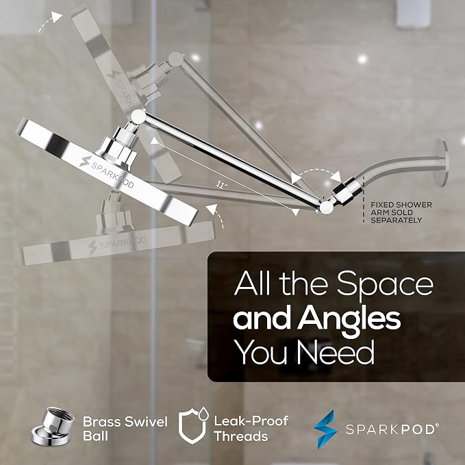 SparkPod 8" Round Rain Shower Head with 11" Shower Arm | Shower Head & Extension Arm Combo, Height Adjustable, High Pressure Performance, Easy 1-Minute Installation,Polished Chrome