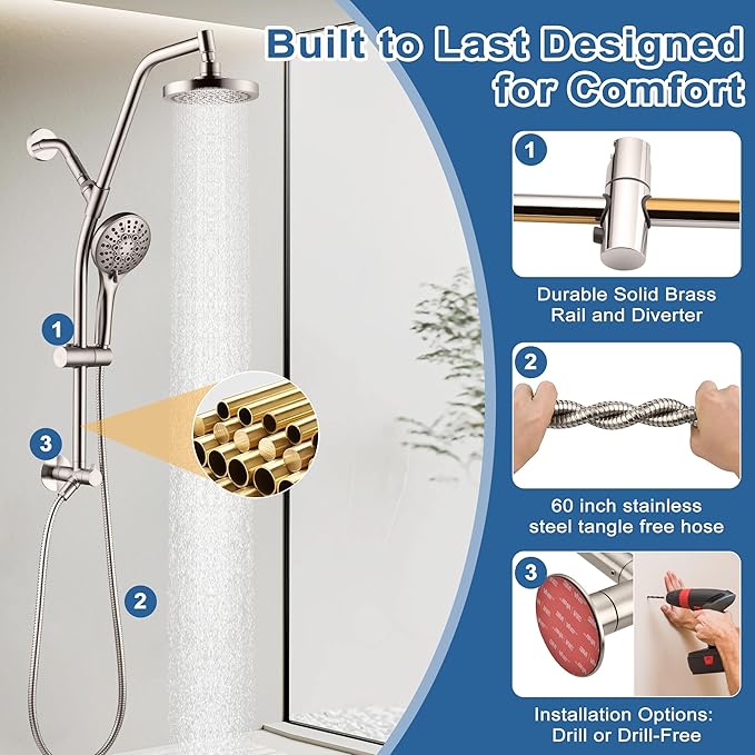 BRIGHT SHOWERS Rain Shower Head with Handheld Combo, Dual Shower System with Slide Bar, Rain Shower System, Adjustable Height, Brass Slide Bar & Diverter, 60 Inch Stainless Steel Hose, Brushed Nickel